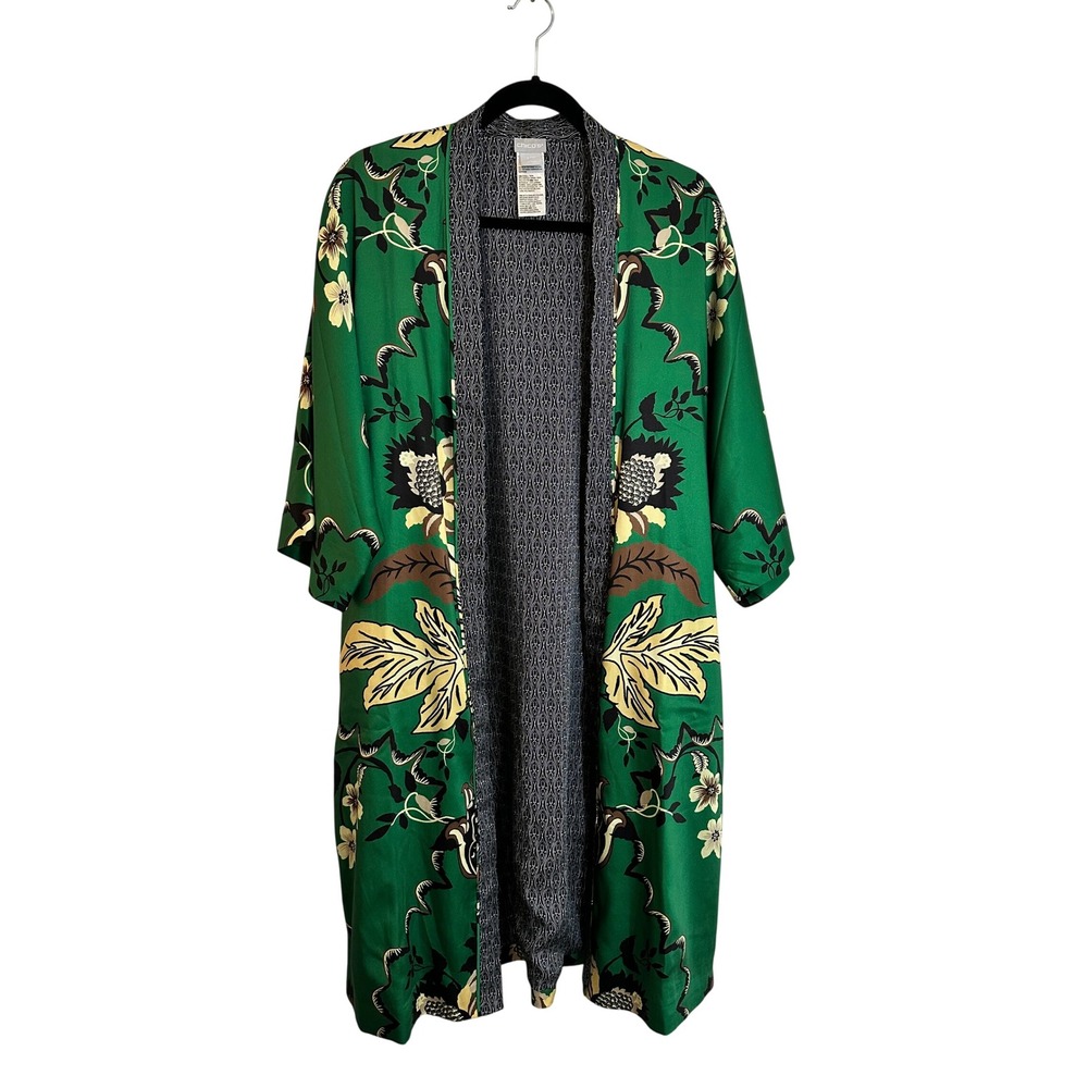Chico's Kimono Duster Size S/M Green Floral Satin Open Front Pockets Botanical